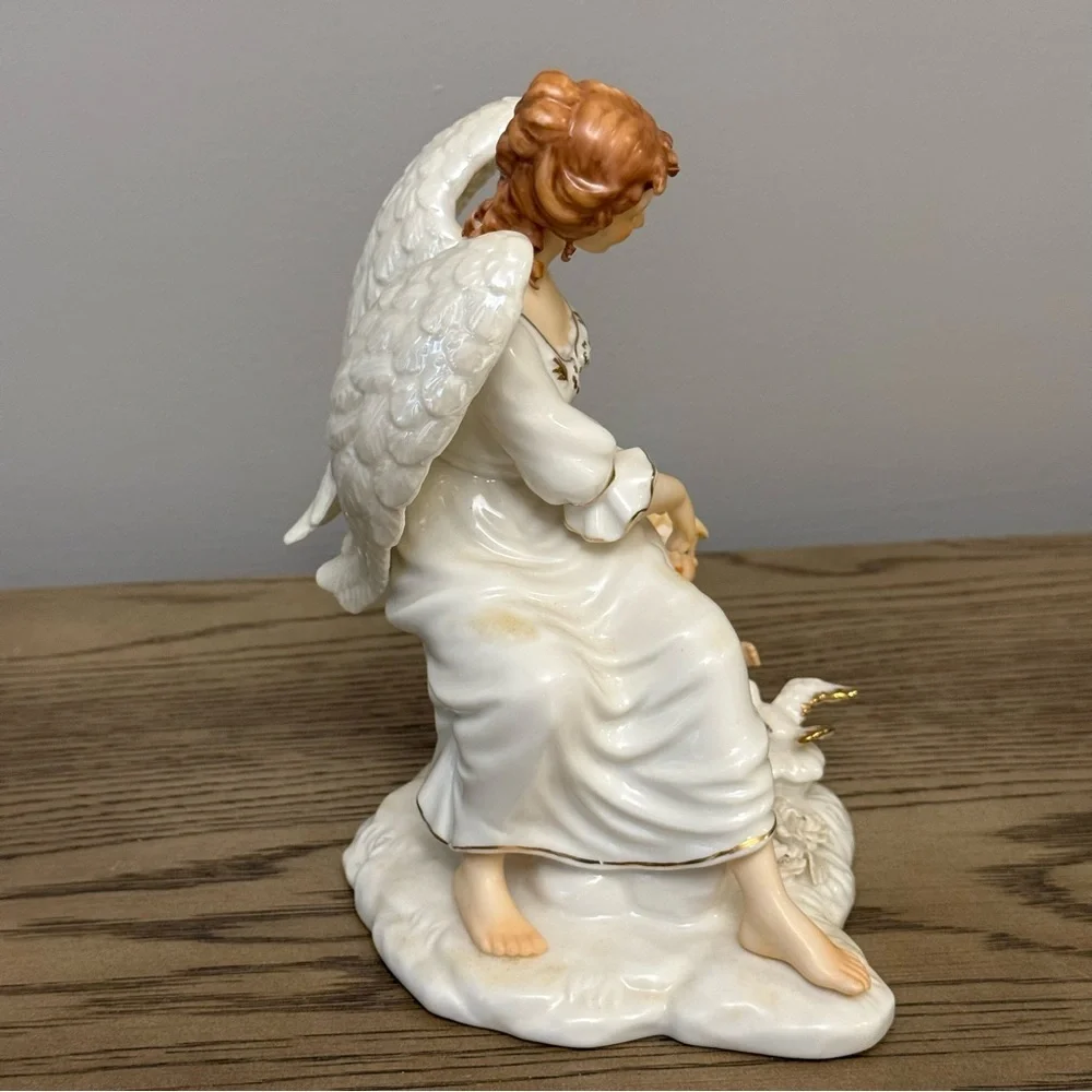 O'Well Angel & Cherub W/Bird~Lyre Porcelain Figurine Ivory & Gold